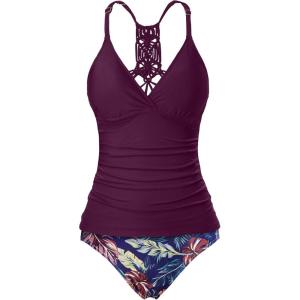 imageHolipick Tummy Control Two Piece Tankini Set Swimsuits for Women V Neck Tankini Top Bathing Suits with Swim BottomPurple Leaves