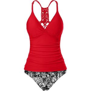 imageHolipick Tummy Control Two Piece Tankini Set Swimsuits for Women V Neck Tankini Top Bathing Suits with Swim BottomRed and Black Flower