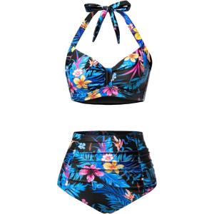 imageHolipick Women High Waisted Bikini Set Two Piece Swimsuit Tummy Control Bathing Suit Vintage Halter SwimwearBlue Florals