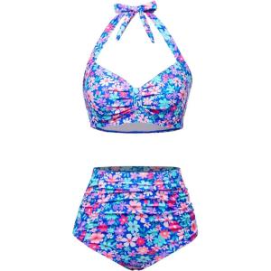 imageHolipick Women High Waisted Bikini Set Two Piece Swimsuit Tummy Control Bathing Suit Vintage Halter SwimwearBlue and Florals