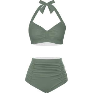 imageHolipick Women High Waisted Bikini Set Two Piece Swimsuit Tummy Control Bathing Suit Vintage Halter SwimwearOlive Green