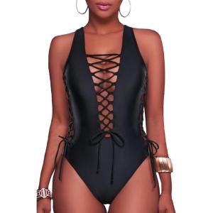 imageHolipick Women Sexy One Piece Swimsuit One Shoulder Bathing Suit Lace Up Swimwear MonokiniBlack
