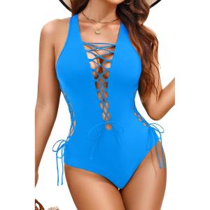 imageHolipick Women Sexy One Piece Swimsuit One Shoulder Bathing Suit Lace Up Swimwear MonokiniLight Blue