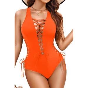 imageHolipick Women Sexy One Piece Swimsuit One Shoulder Bathing Suit Lace Up Swimwear MonokiniNeon Orange