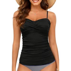 imageHolipick Tankini Top for Women Twist Front Bandeau Swimsuit Tummy Control Bathing Suit Tops Only No BottomBlack