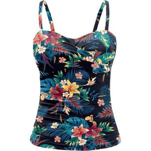 imageHolipick Tankini Top for Women Twist Front Bandeau Swimsuit Tummy Control Bathing Suit Tops Only No BottomBlack Floral