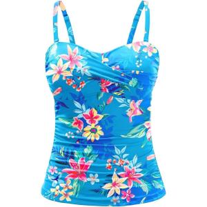 imageHolipick Tankini Top for Women Twist Front Bandeau Swimsuit Tummy Control Bathing Suit Tops Only No BottomBlue Floral