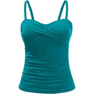 imageHolipick Tankini Top for Women Twist Front Bandeau Swimsuit Tummy Control Bathing Suit Tops Only No BottomGreen Blue