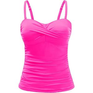 imageHolipick Tankini Top for Women Twist Front Bandeau Swimsuit Tummy Control Bathing Suit Tops Only No BottomHot Pink