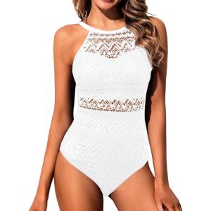 imageHolipick Crochet Tummy Control One Piece Swimsuit Modest Bathing Suit High Neck Full Coverage SwimwearWhite