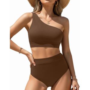 imageHolipick Women One Shoulder High Waisted Bikini Sets Two Piece Swimsuit Tummy Control Bathing Suit Full Coverage SwimwearBrown