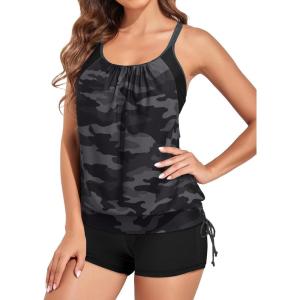 imageHolipick Two Piece Tankini Swimsuits for Women Tummy Control Bathing Suit Blouson Tankini Top with Sporty Boy Shorts 2025Camo