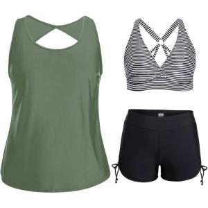 imageHolipick Women 3 Piece Plus Size Tankini Swimsuits Tummy Control Bathing Suits with Sports Bra with Boy ShortsArmy Green