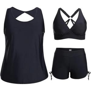 imageHolipick Women 3 Piece Plus Size Tankini Swimsuits Tummy Control Bathing Suits with Sports Bra with Boy ShortsBlack