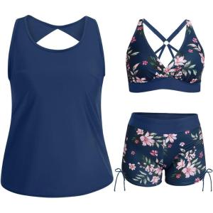 imageHolipick Women 3 Piece Plus Size Tankini Swimsuits Tummy Control Bathing Suits with Sports Bra with Boy ShortsBlue Floral Print