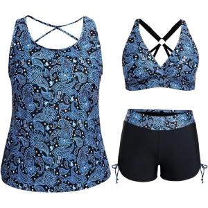 imageHolipick Women 3 Piece Plus Size Tankini Swimsuits Tummy Control Bathing Suits with Sports Bra with Boy ShortsBlue Paisley
