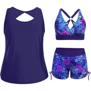imageHolipick Women 3 Piece Plus Size Tankini Swimsuits Tummy Control Bathing Suits with Sports Bra with Boy ShortsBlue Purple Leaves