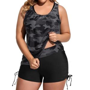 imageHolipick Women 3 Piece Plus Size Tankini Swimsuits Tummy Control Bathing Suits with Sports Bra with Boy ShortsCamo