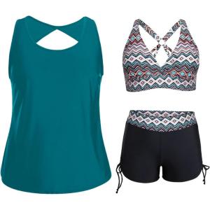 imageHolipick Women 3 Piece Plus Size Tankini Swimsuits Tummy Control Bathing Suits with Sports Bra with Boy ShortsDark Teal Tribal