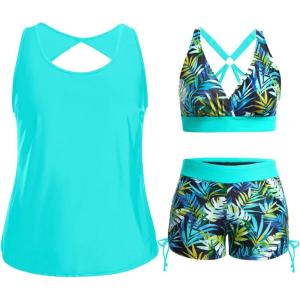 imageHolipick Women 3 Piece Plus Size Tankini Swimsuits Tummy Control Bathing Suits with Sports Bra with Boy ShortsGreen Leaves