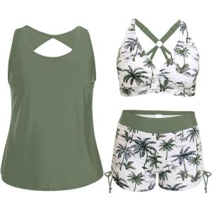 imageHolipick Women 3 Piece Plus Size Tankini Swimsuits Tummy Control Bathing Suits with Sports Bra with Boy ShortsGreen Palm Tree