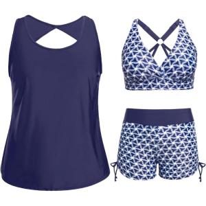 imageHolipick Women 3 Piece Plus Size Tankini Swimsuits Tummy Control Bathing Suits with Sports Bra with Boy ShortsNavy Blue