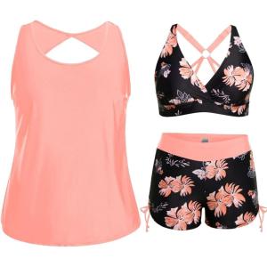 imageHolipick Women 3 Piece Plus Size Tankini Swimsuits Tummy Control Bathing Suits with Sports Bra with Boy ShortsOrange Floral