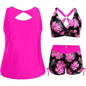 imageHolipick Women 3 Piece Plus Size Tankini Swimsuits Tummy Control Bathing Suits with Sports Bra with Boy ShortsPink Floral