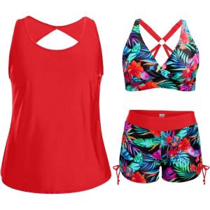 imageHolipick Women 3 Piece Plus Size Tankini Swimsuits Tummy Control Bathing Suits with Sports Bra with Boy ShortsRed Floral Print
