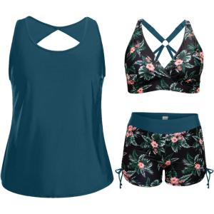 imageHolipick Women 3 Piece Plus Size Tankini Swimsuits Tummy Control Bathing Suits with Sports Bra with Boy ShortsTeal and Floral