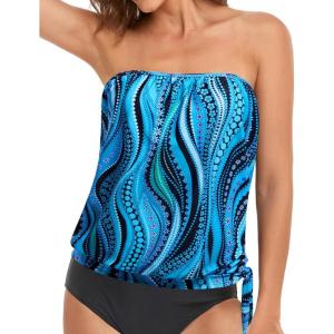 image:imageHolipick Strapless Tankini Tops for Women Swimwear Top ONLY Bandeau Bathing Suit Blouson Swimsuit No BottomBlue Ripples