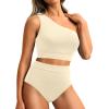 image:imageHolipick Women One Shoulder High Waisted Bikini Set Two Piece Tummy Control Swimsuits Full Coverage Bathing SuitBeige