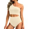 image:imageHolipick Women One Shoulder High Waisted Bikini Set Two Piece Tummy Control Swimsuits Full Coverage Bathing SuitBeige