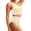 image:imageHolipick Women One Shoulder High Waisted Bikini Set Two Piece Tummy Control Swimsuits Full Coverage Bathing SuitBeige
