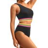 image:imageHolipick Women One Shoulder High Waisted Bikini Set Two Piece Tummy Control Swimsuits Full Coverage Bathing SuitBlack Colorful Woven