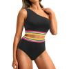 image:imageHolipick Women One Shoulder High Waisted Bikini Set Two Piece Tummy Control Swimsuits Full Coverage Bathing SuitBlack Colorful Woven