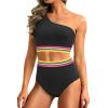image:imageHolipick Women One Shoulder High Waisted Bikini Set Two Piece Tummy Control Swimsuits Full Coverage Bathing SuitBlack Colorful Woven