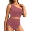 image:imageHolipick Women One Shoulder High Waisted Bikini Set Two Piece Tummy Control Swimsuits Full Coverage Bathing SuitBlush Red