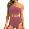 image:imageHolipick Women One Shoulder High Waisted Bikini Set Two Piece Tummy Control Swimsuits Full Coverage Bathing SuitBlush Red
