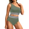 image:imageHolipick Women One Shoulder High Waisted Bikini Set Two Piece Tummy Control Swimsuits Full Coverage Bathing SuitOlive Green Woven