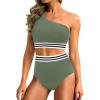 image:imageHolipick Women One Shoulder High Waisted Bikini Set Two Piece Tummy Control Swimsuits Full Coverage Bathing SuitOlive Green Woven