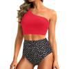 image:imageHolipick Women One Shoulder High Waisted Bikini Set Two Piece Tummy Control Swimsuits Full Coverage Bathing SuitRed and Dot
