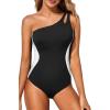 image:imageHolipick One Shoulder One Piece Swimsuit for Women Tummy Control Bathing Suits Modest Full Coverage Keyhole SwimwearColor Blockblack and White