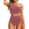 image:imageHolipick Women One Shoulder High Waisted Bikini Set Two Piece Tummy Control Swimsuits Full Coverage Bathing SuitBlush Red