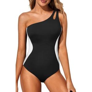 image:imageHolipick One Shoulder One Piece Swimsuit for Women Tummy Control Bathing Suits Modest Full Coverage Keyhole SwimwearColor Blockblack and White