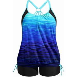image:imageHolipick Plus Size Tankini Swimsuits for Women Two Piece Tummy Control Bathing Suit Blouson Tankini Top with ShortsDark Blue Gradient
