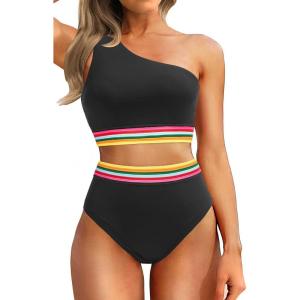 image:imageHolipick Women One Shoulder High Waisted Bikini Set Two Piece Tummy Control Swimsuits Full Coverage Bathing SuitBlack Colorful Woven