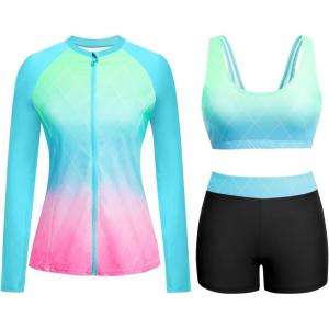 image:imageHolipick 3 Piece Rash Guard Swimsuits for Women  UPF 50 Long Sleeve Zipper Swim Shirt with Bra amp BoyshortsBlue Pink Gradient