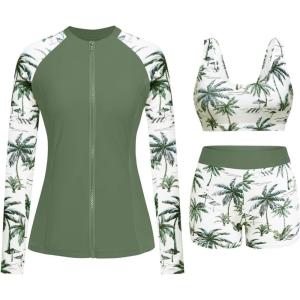 image:imageHolipick 3 Piece Rash Guard Swimsuits for Women  UPF 50 Long Sleeve Zipper Swim Shirt with Bra amp BoyshortsGreen Palm Tree