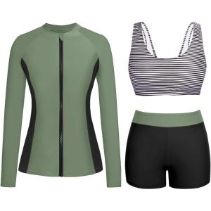 image:imageHolipick 3 Piece Rash Guard Swimsuits for Women  UPF 50 Long Sleeve Zipper Swim Shirt with Bra amp BoyshortsGreen Stripe